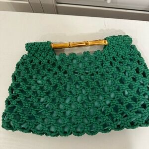 Green Crochet Handbag with Bamboo Handle